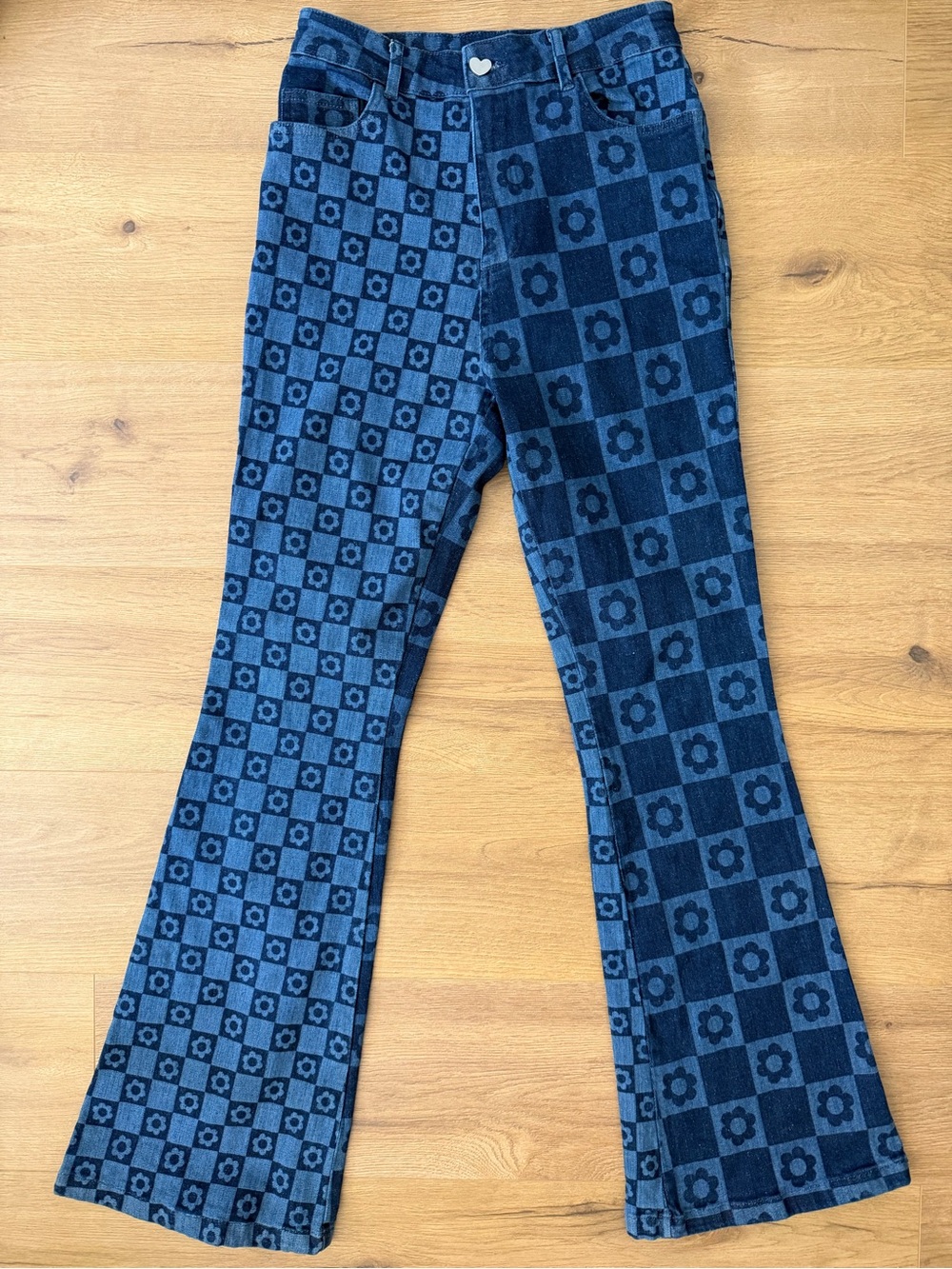 Jaded London Womans Checker Floral Flared Jeans LONG INSEAM